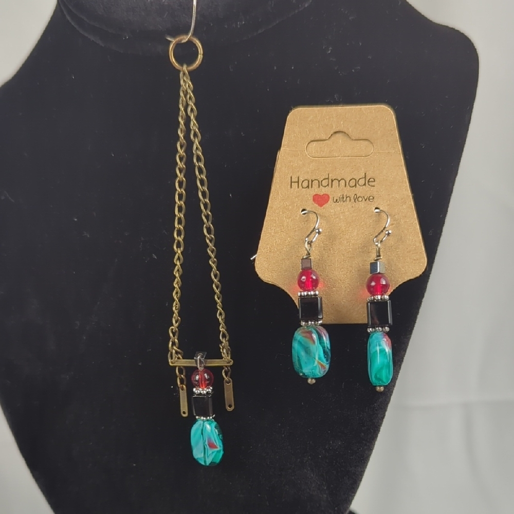 Handmade Gold-Tone Necklace & Earrings Set with Teal and Red Beads